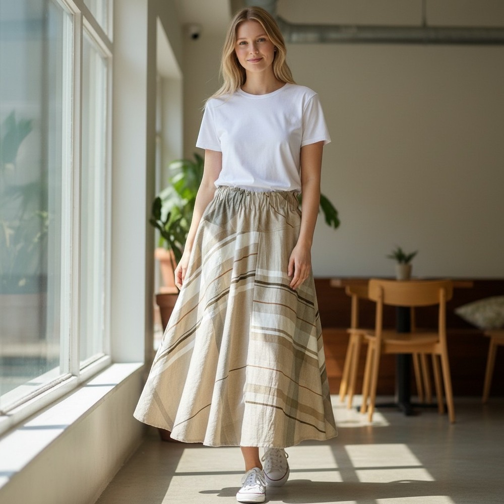 Tamaki Niime Powan Women's Maxi Elastic Waist Plaid Beige Skirt, Waist 26"